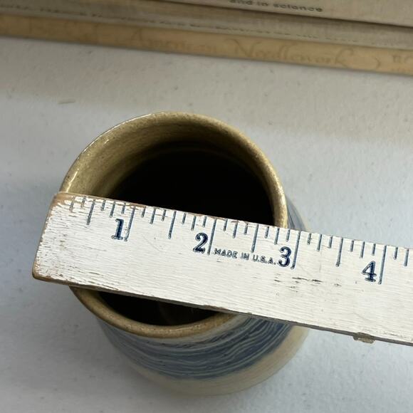 Studio Art Pottery Handmade Jar Vase Signed Ivory Blue Striped Zig Zag 5.5” - Picture 11 of 14